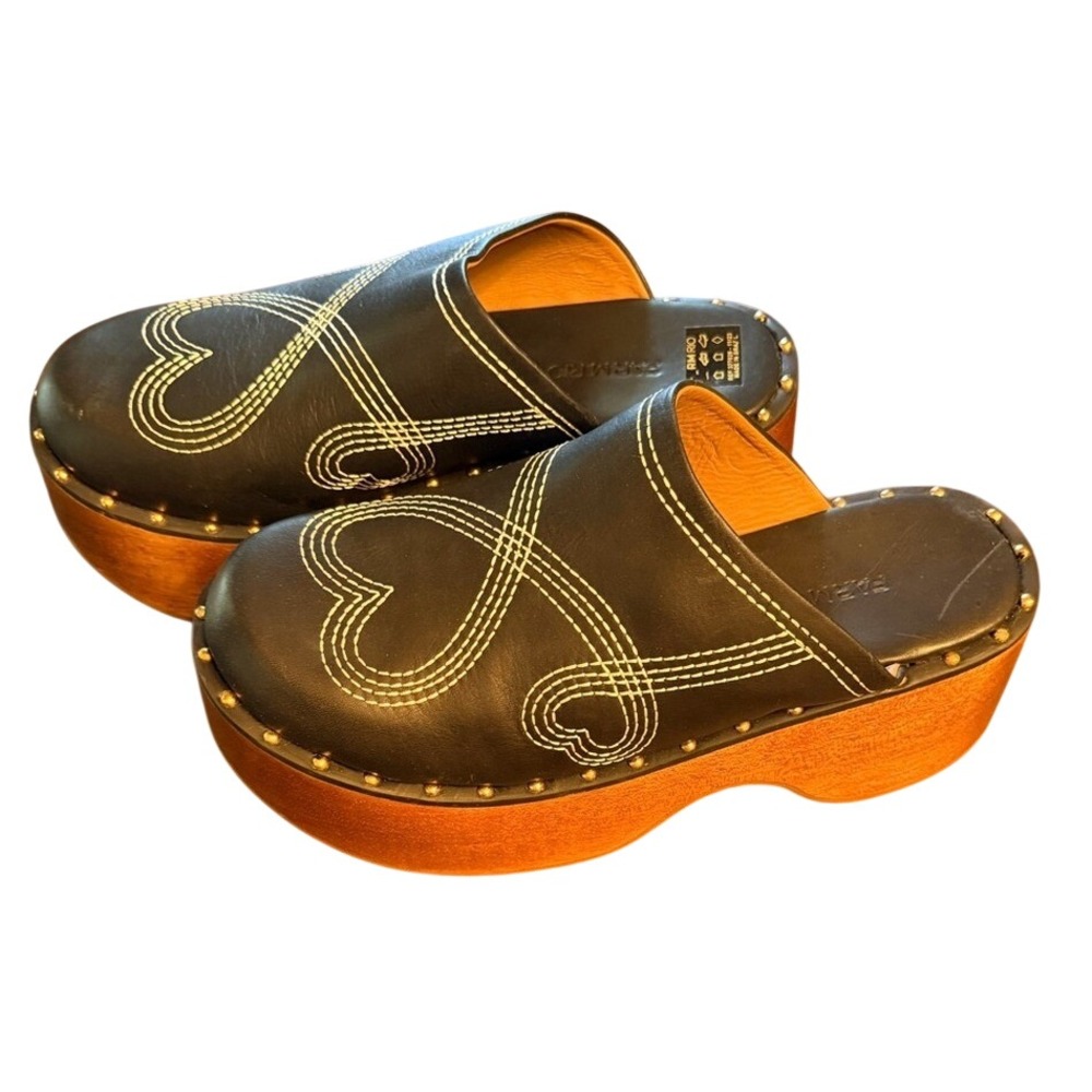 Farm Rio Black Clog Platform Heart Embroidery Leather Wood Mules US 9 EU 40